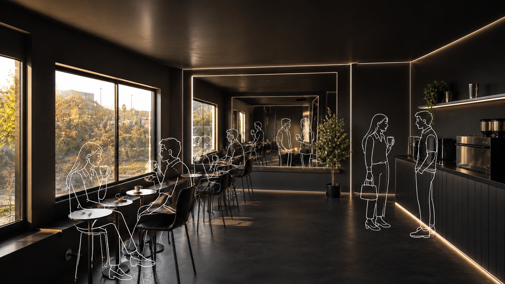 Interior moderno de Kuma Coffee con mesas, barra y luz calida